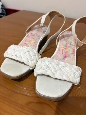 George White Braided Strap Kids Sandals with Ankle Buckle